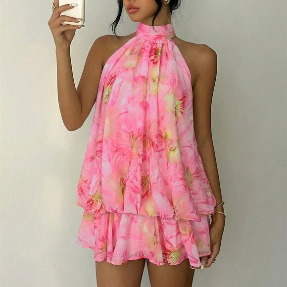 Light Pink Boho Women's Elegant Floral Print Halter Mini Dress - Picture 4 of 7